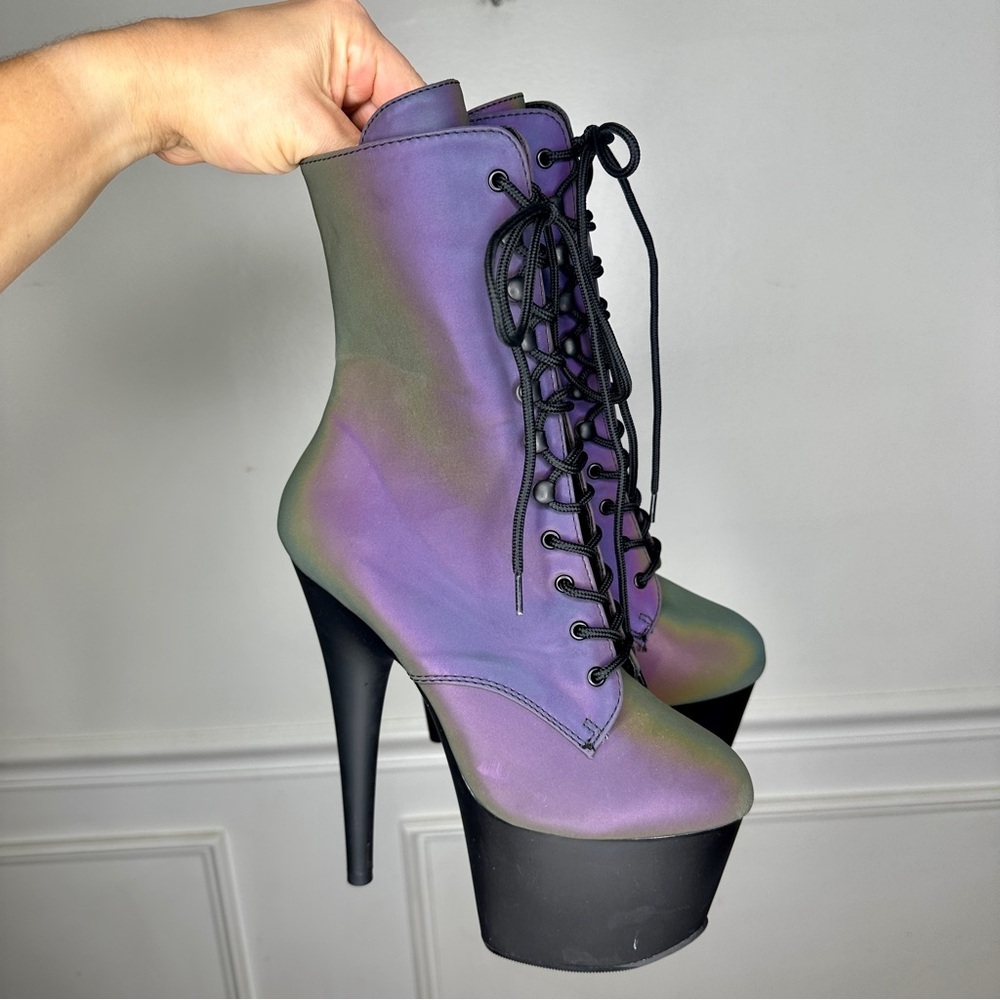 Pleaser Iridescent Purple-Green Lace-Up Platform Ankle Boots